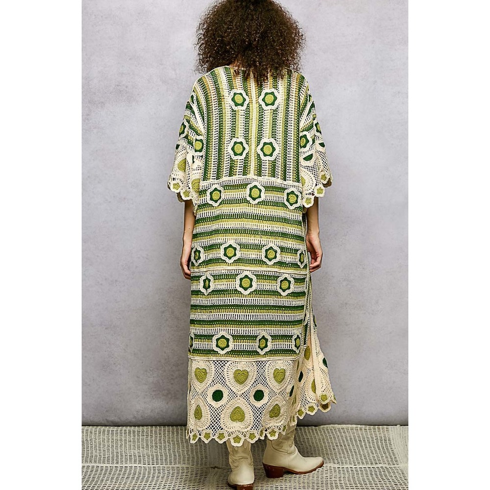 POL Boho Crochet Longline Cardigan Duster Green Floral Heart Pattern ONE SIZE - Picture 2 of 8